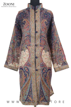 Limited Edition Stitched Kaani Woven Women's Luxury Coat - Enchanting Blue