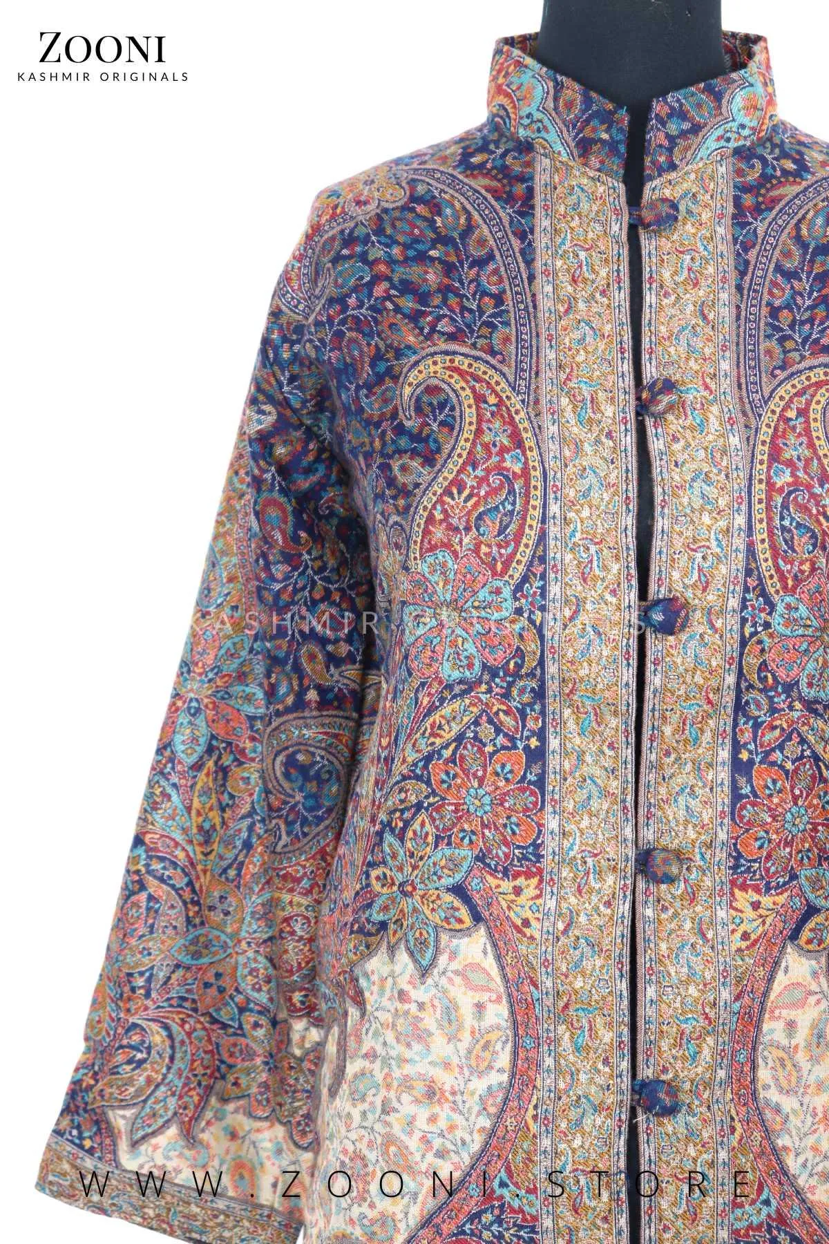 Limited Edition Stitched Kaani Woven Women's Luxury Coat - Enchanting Blue