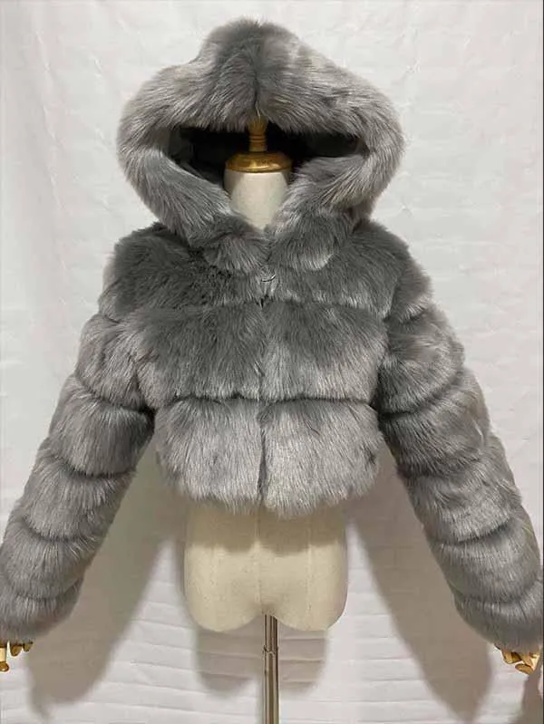 Luxury Faux Fur Coat Winter Warm Fuzzy Jacket With Hood