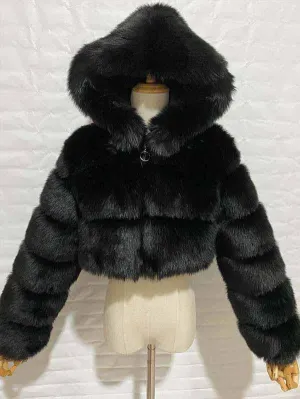 Luxury Faux Fur Coat Winter Warm Fuzzy Jacket With Hood