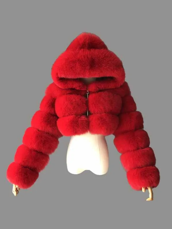 Luxury Faux Fur Coat Winter Warm Fuzzy Jacket With Hood