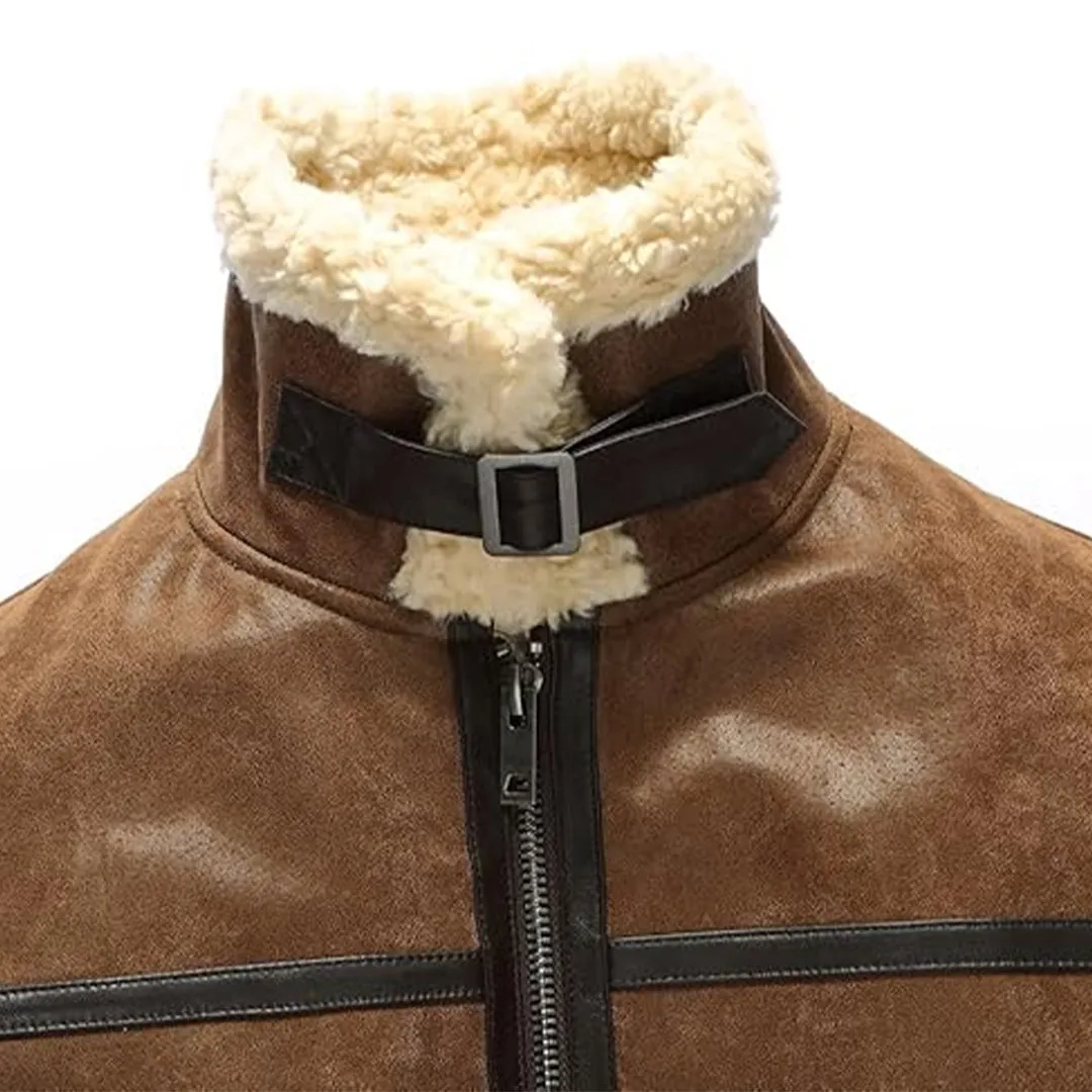Men's Aviator Faux Shearling Motorcycle Bomber Leather Jacket