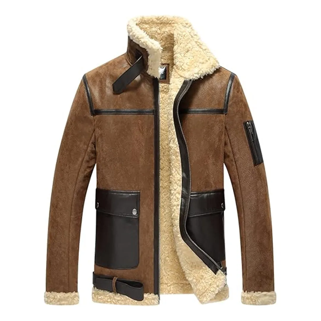 Men's Aviator Faux Shearling Motorcycle Bomber Leather Jacket