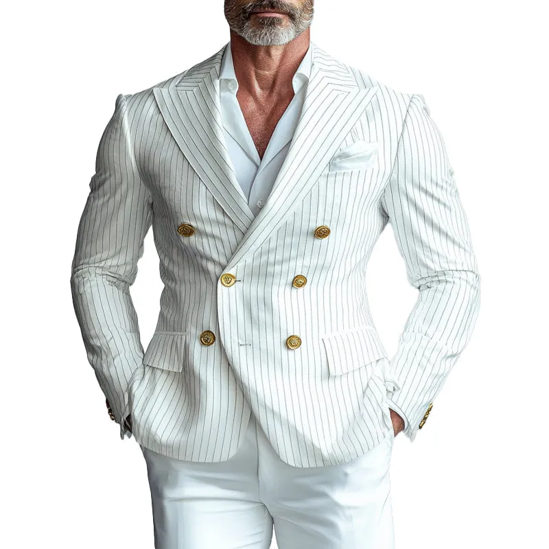 Men's Business Peak Lapel Double Breasted Stripes Pattern Blazer