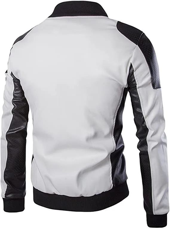 Men's Real Leather Jacket Stylish Lapel Punk Motorcycle White Jacket