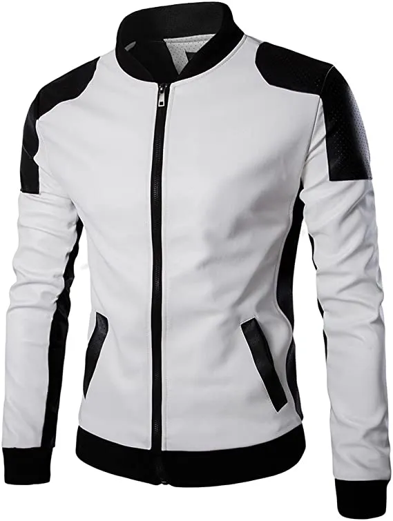 Men's Real Leather Jacket Stylish Lapel Punk Motorcycle White Jacket