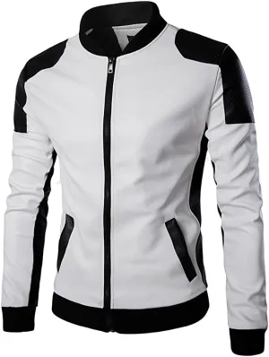 Men's Real Leather Jacket Stylish Lapel Punk Motorcycle White Jacket