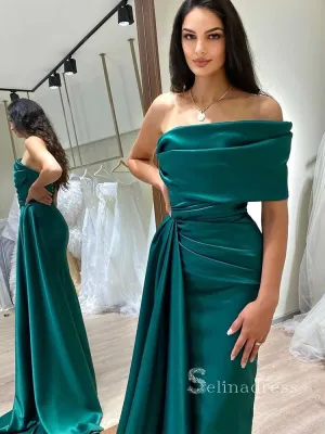 Mermaid One Shoulder Long Prom Dress Cheap Satin Ruffles Evening Dresses HLK018