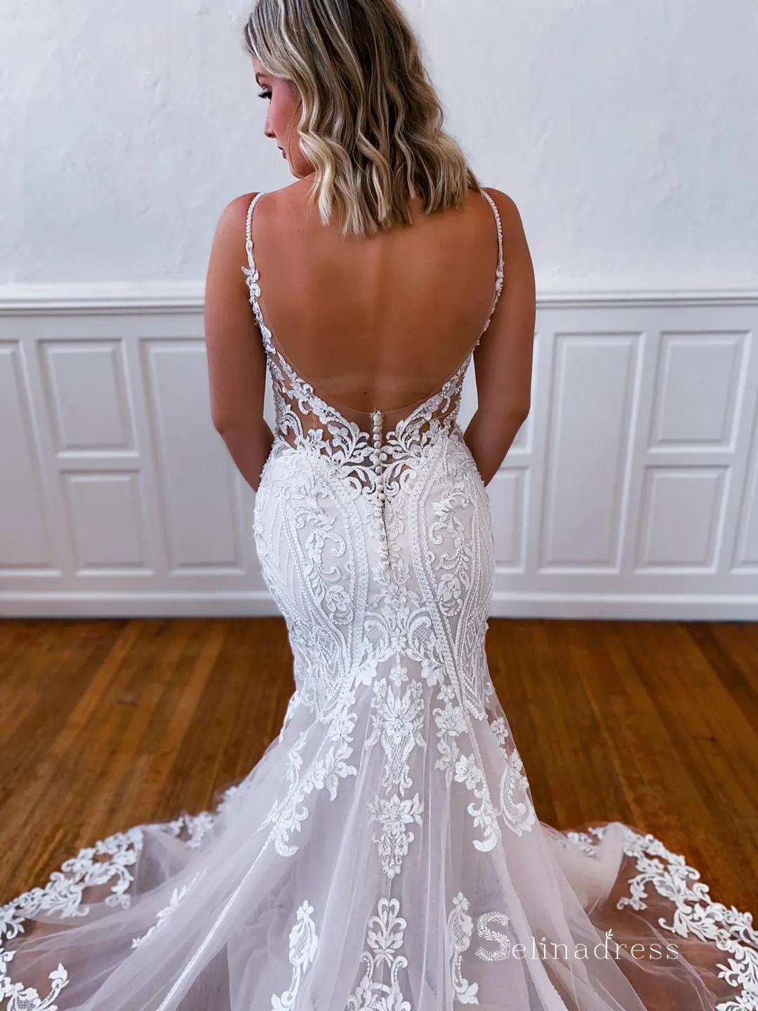 Mermaid Spaghetti Straps Vintage Wedding Dresses Backless Bridal Gowns CBD501