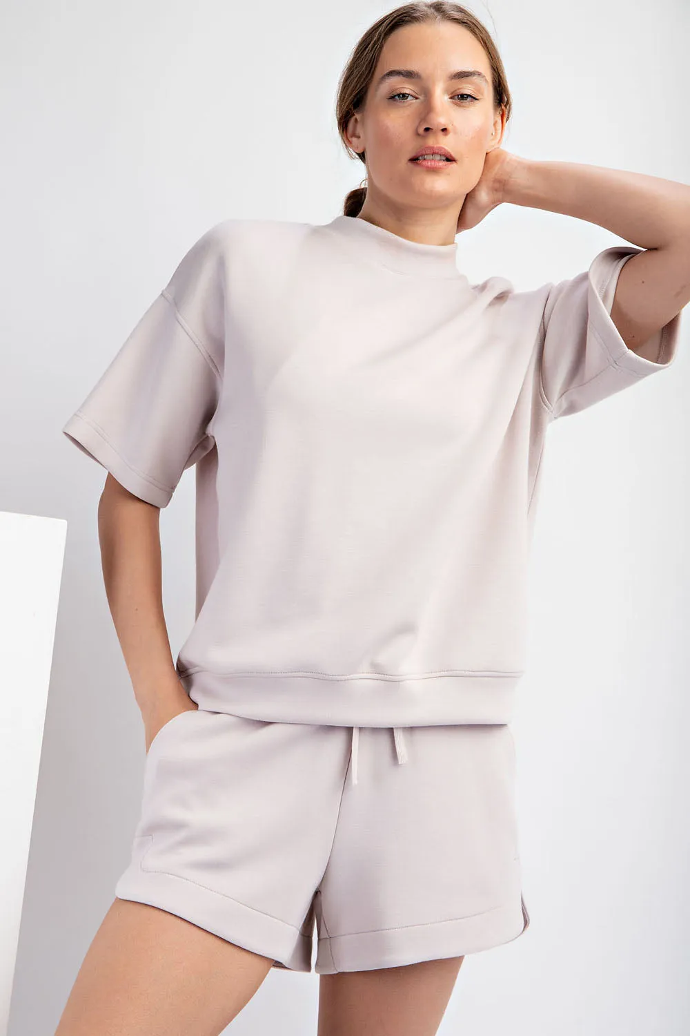 Modal Poly Spandex Scuba Mock Neck Top - Mocha Cream