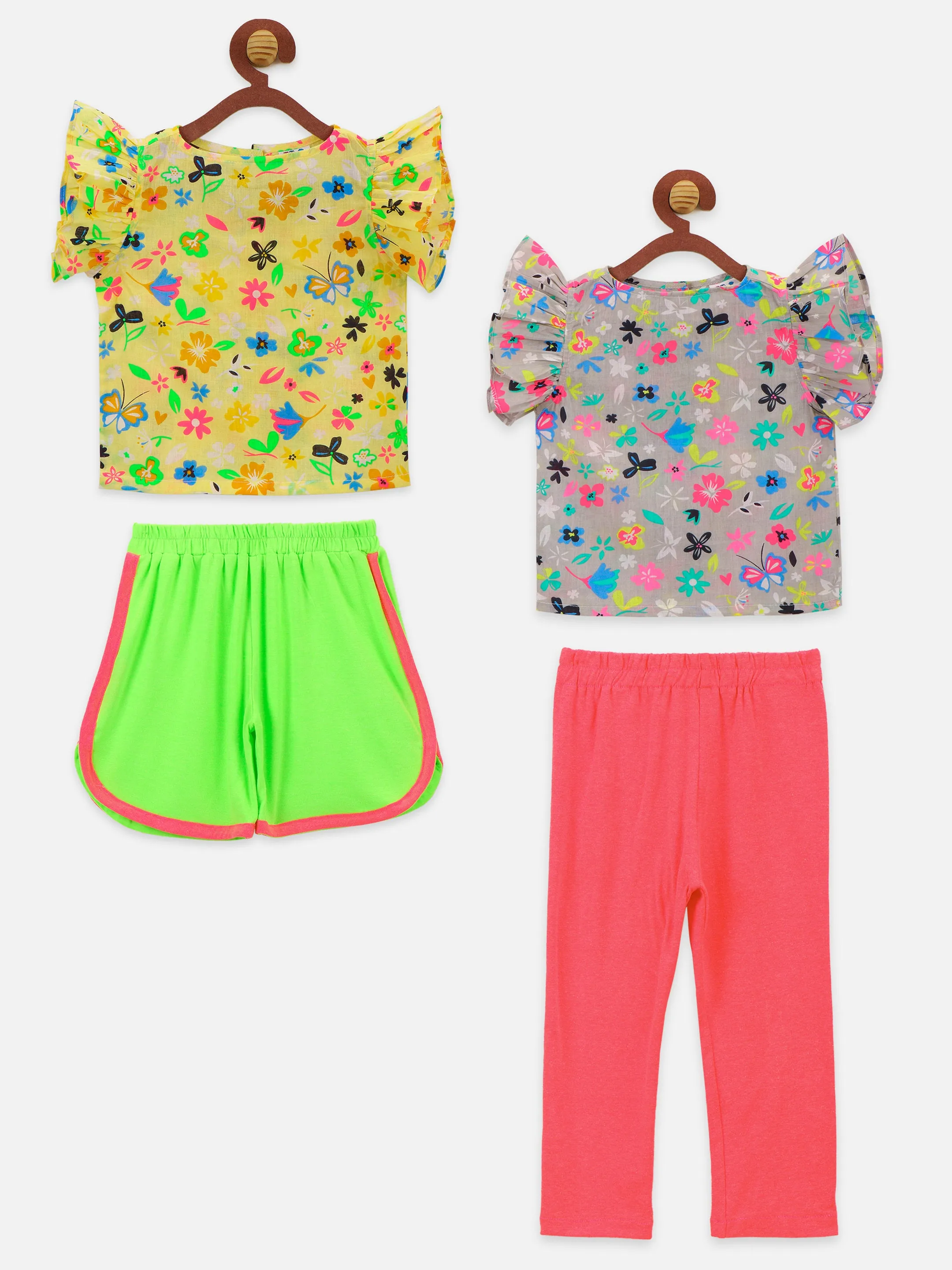 Multicolor Floral Two Tops With Shorts And Legging