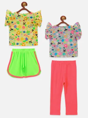 Multicolor Floral Two Tops With Shorts And Legging