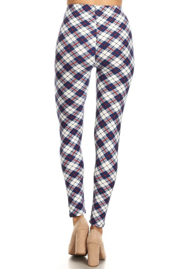 Navy White Plaid Design Leggings
