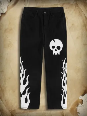 New Fire Skeleton Printed Y2K Fashion Streetwear Hip Hop Baggy Straight Fit Black Jeans For Mens