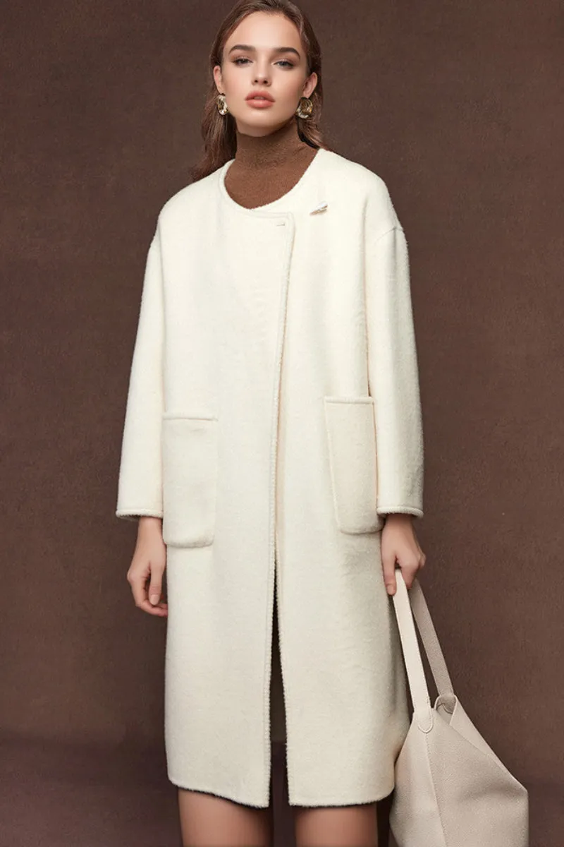 Oversized Crewneck Double Faced Long Wool Coat with Scarf