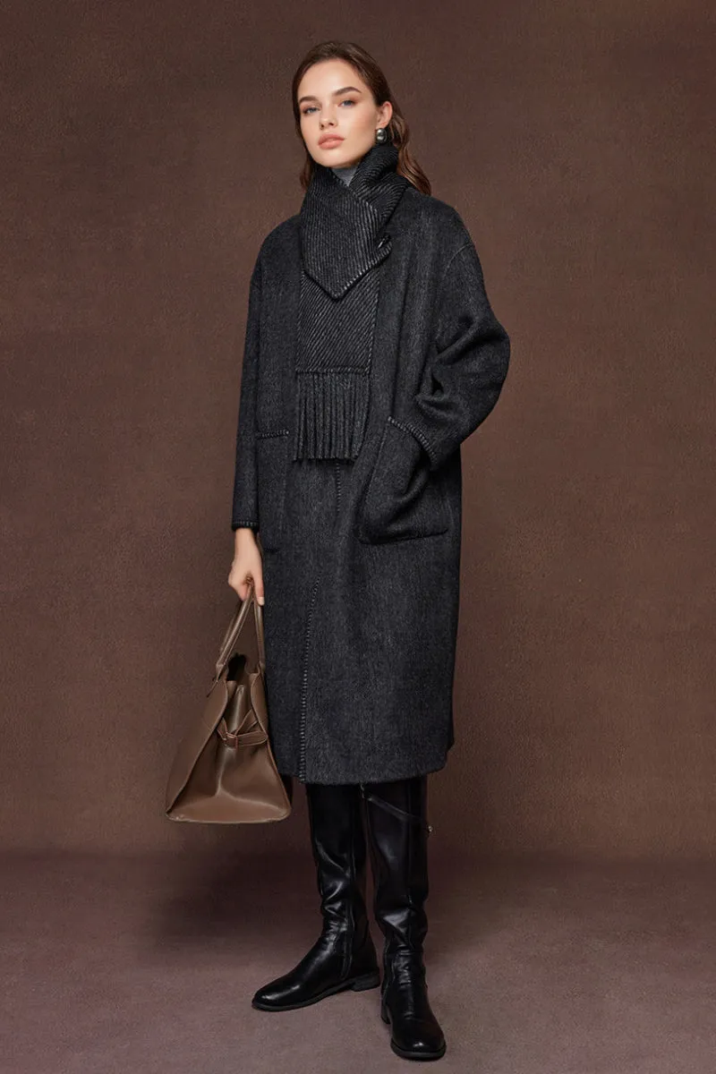 Oversized Crewneck Double Faced Long Wool Coat with Scarf