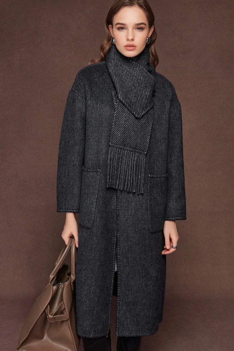 Oversized Crewneck Double Faced Long Wool Coat with Scarf