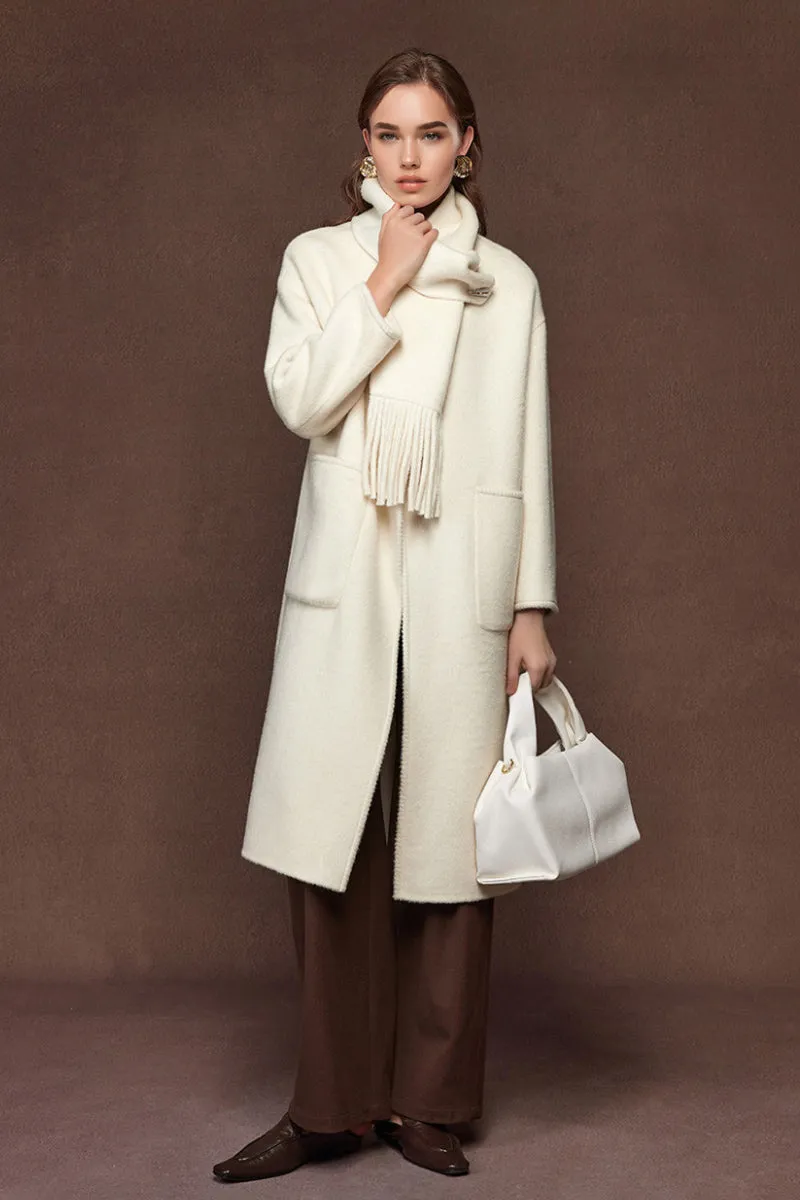 Oversized Crewneck Double Faced Long Wool Coat with Scarf
