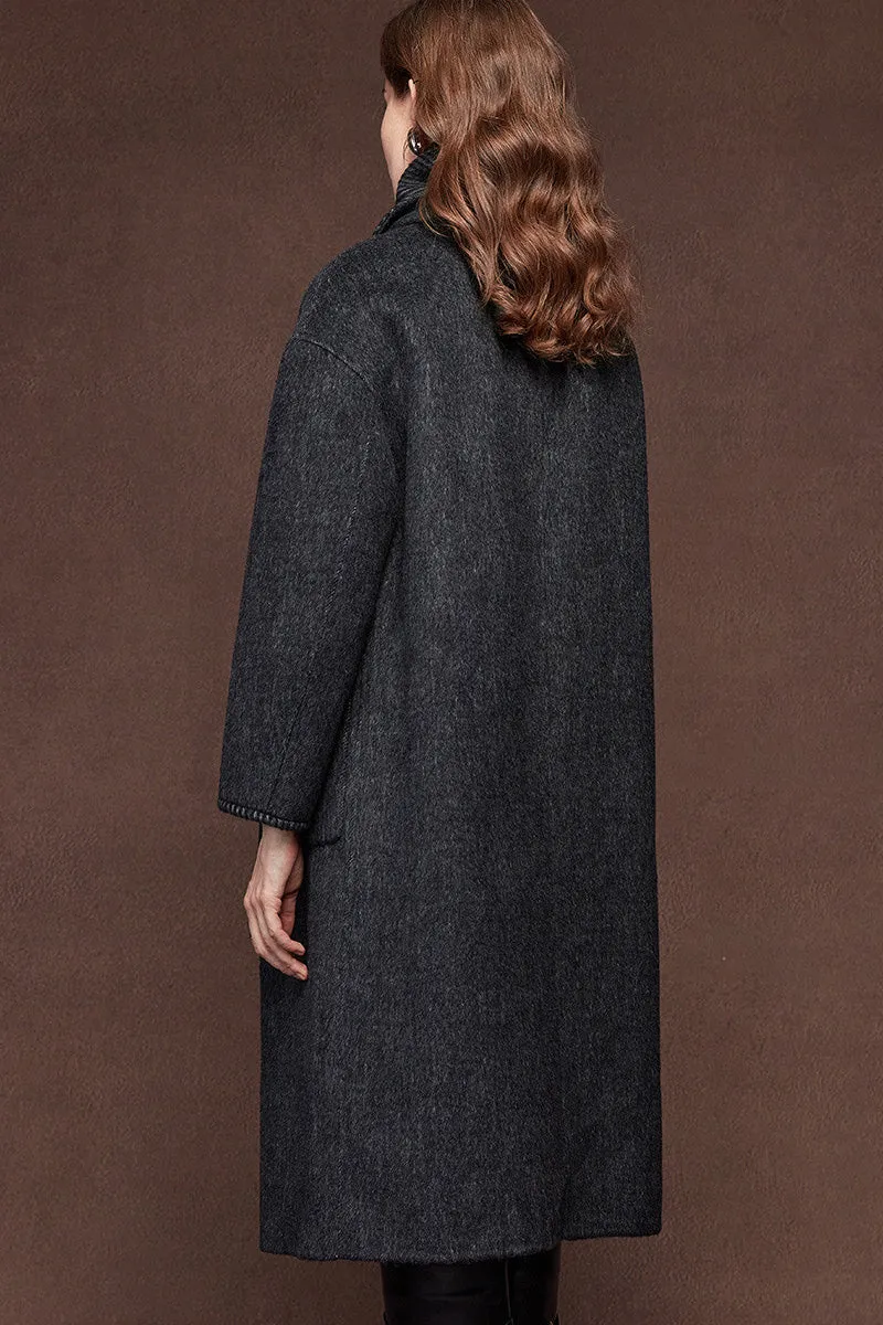 Oversized Crewneck Double Faced Long Wool Coat with Scarf