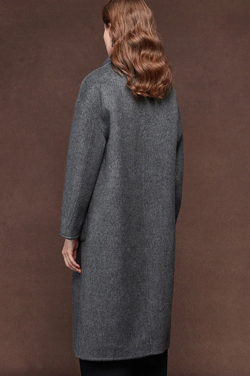 Oversized Crewneck Double Faced Long Wool Coat with Scarf