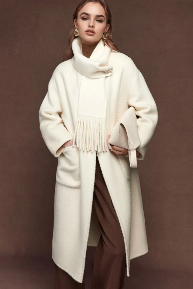 Oversized Crewneck Double Faced Long Wool Coat with Scarf