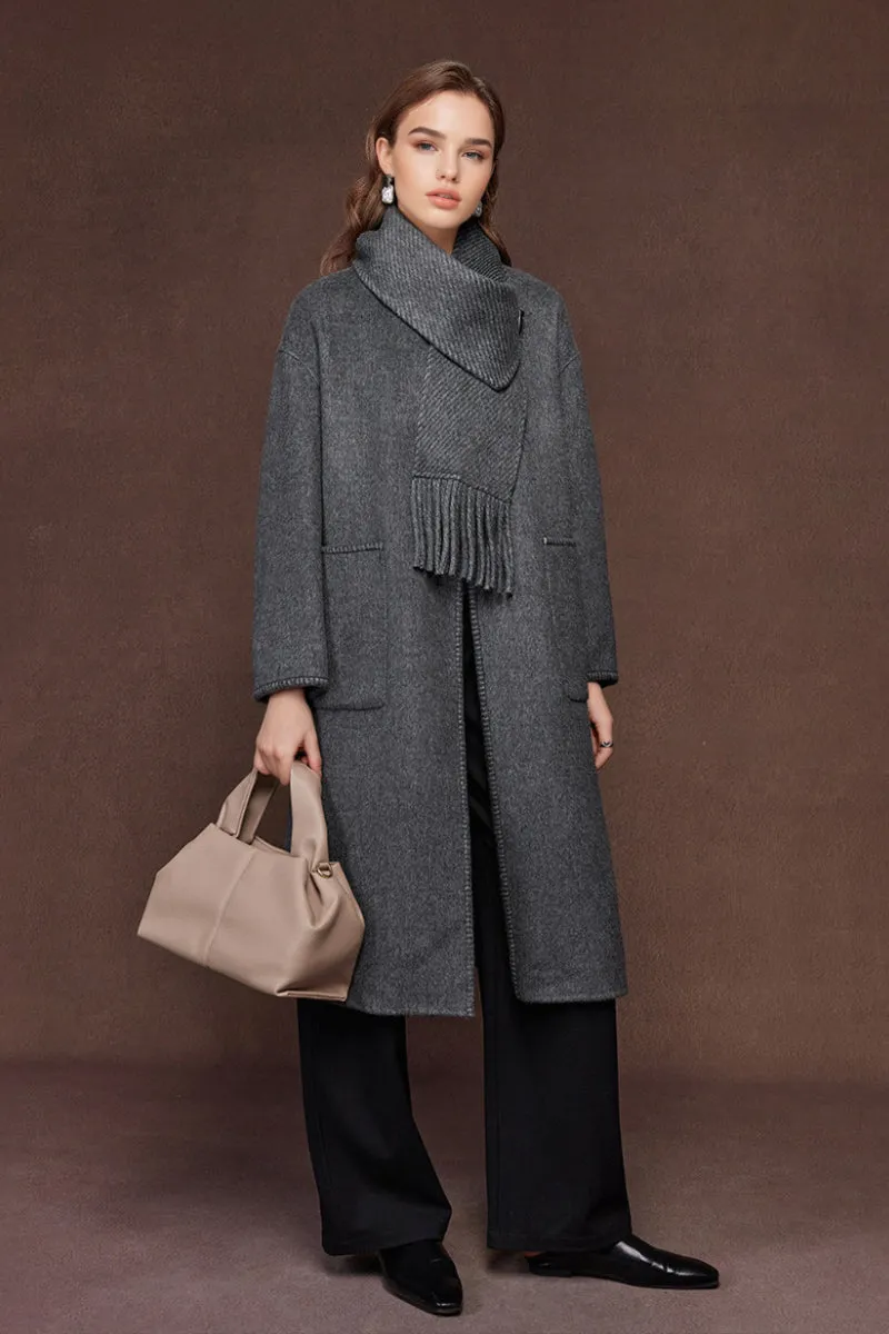 Oversized Crewneck Double Faced Long Wool Coat with Scarf