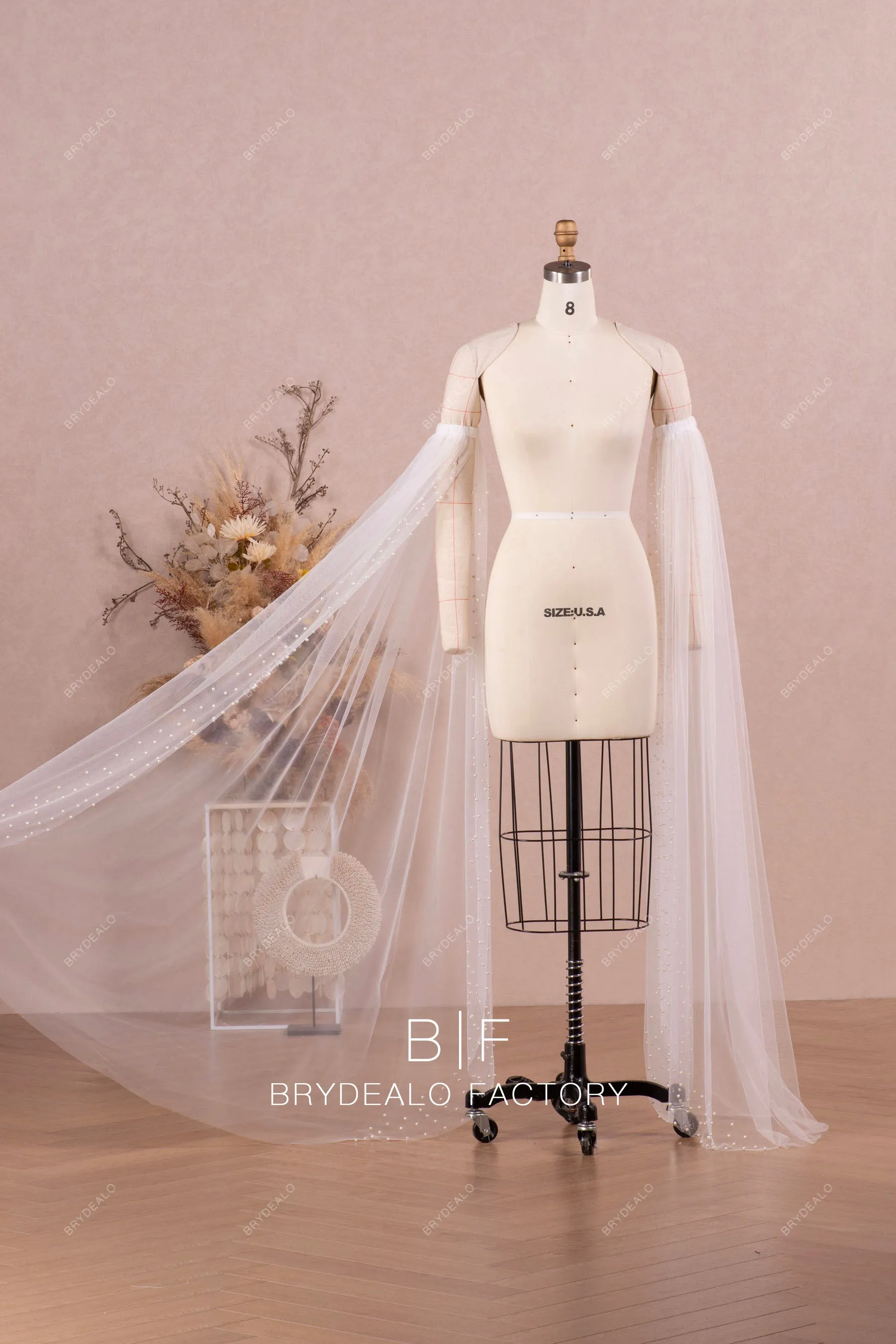 Pearls Floor Length Angel Sleeves Bridal Tulle Wedding Separates