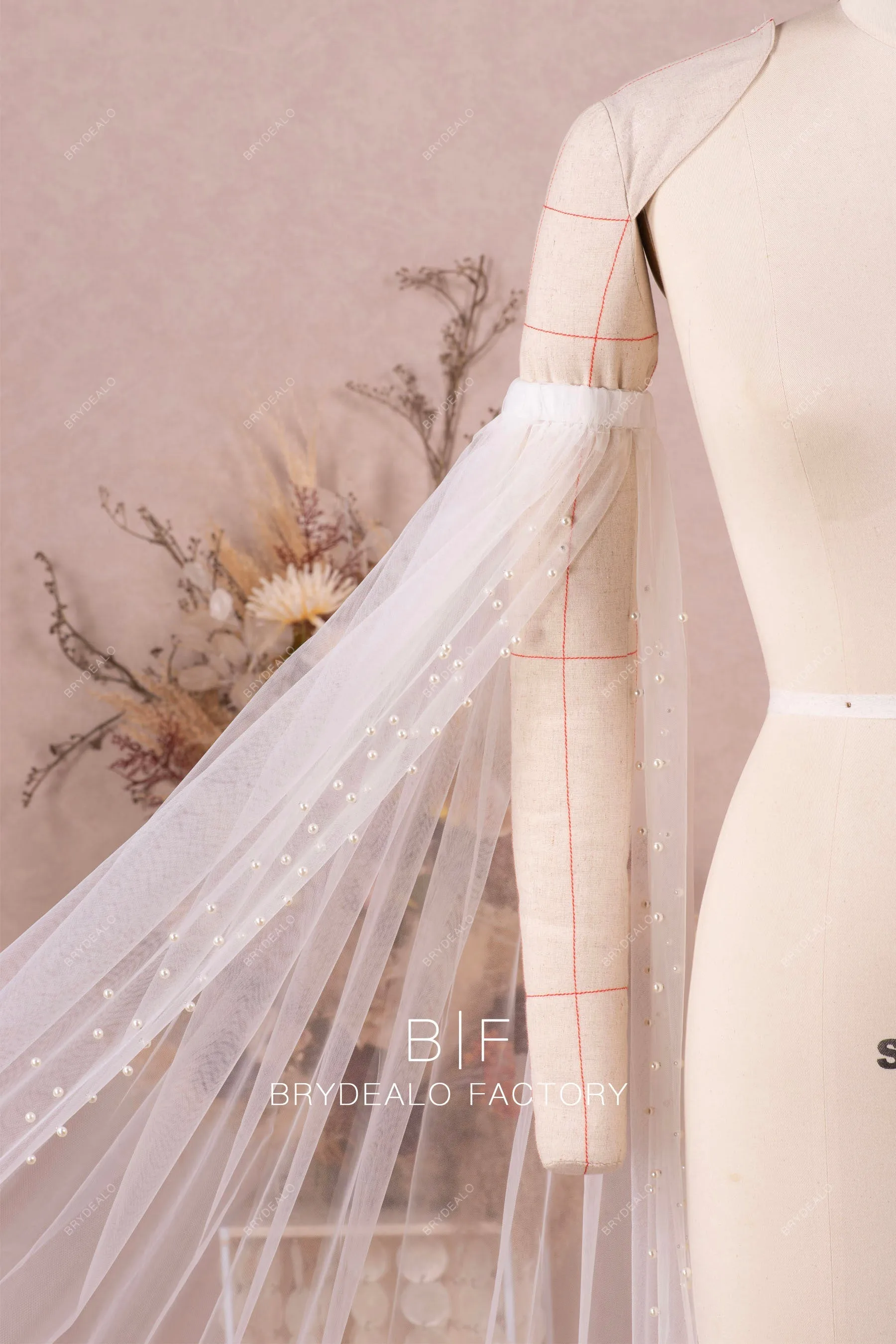 Pearls Floor Length Angel Sleeves Bridal Tulle Wedding Separates