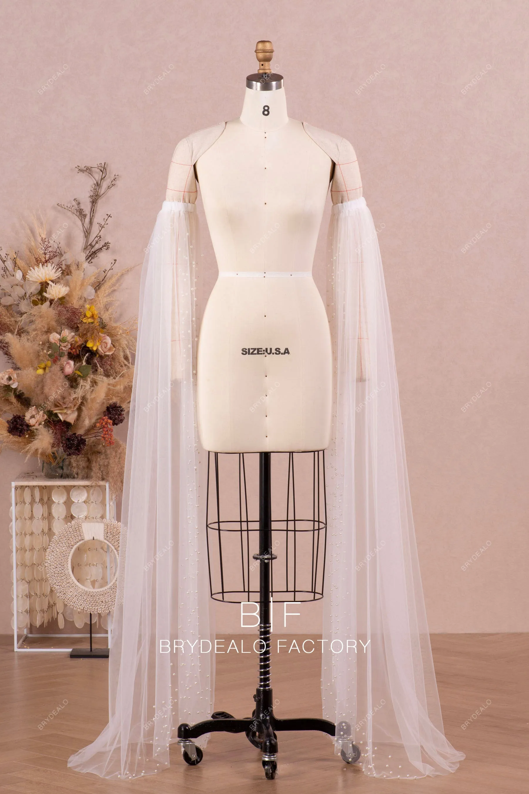 Pearls Floor Length Angel Sleeves Bridal Tulle Wedding Separates