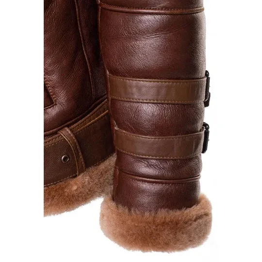Phan's Brown Aviator bomber shearling jacket with a waist belt By TJS
