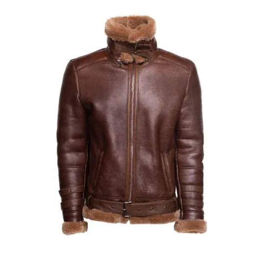 Phan's Brown Aviator bomber shearling jacket with a waist belt By TJS