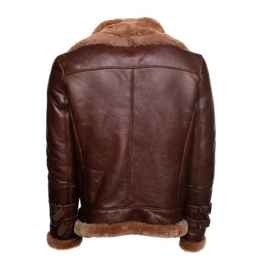 Phan's Brown Aviator bomber shearling jacket with a waist belt By TJS