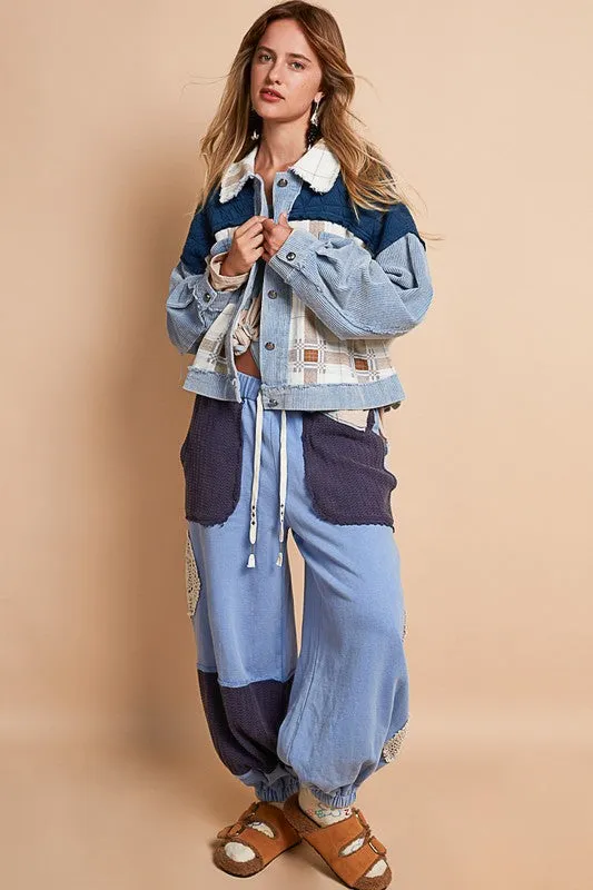 POL Powder Blue Corduroy Jacquard Patchwork Button Up Jacket