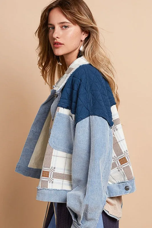 POL Powder Blue Corduroy Jacquard Patchwork Button Up Jacket