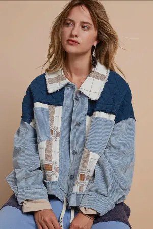 POL Powder Blue Corduroy Jacquard Patchwork Button Up Jacket