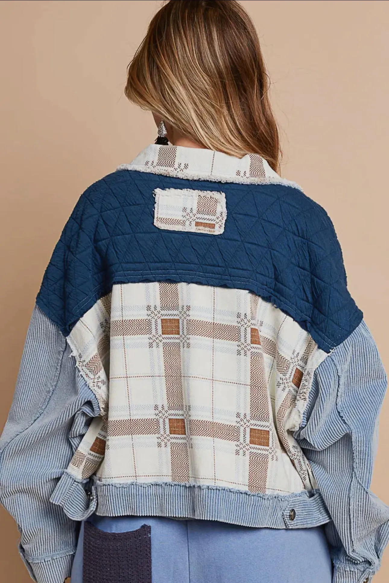 POL Powder Blue Corduroy Jacquard Patchwork Button Up Jacket