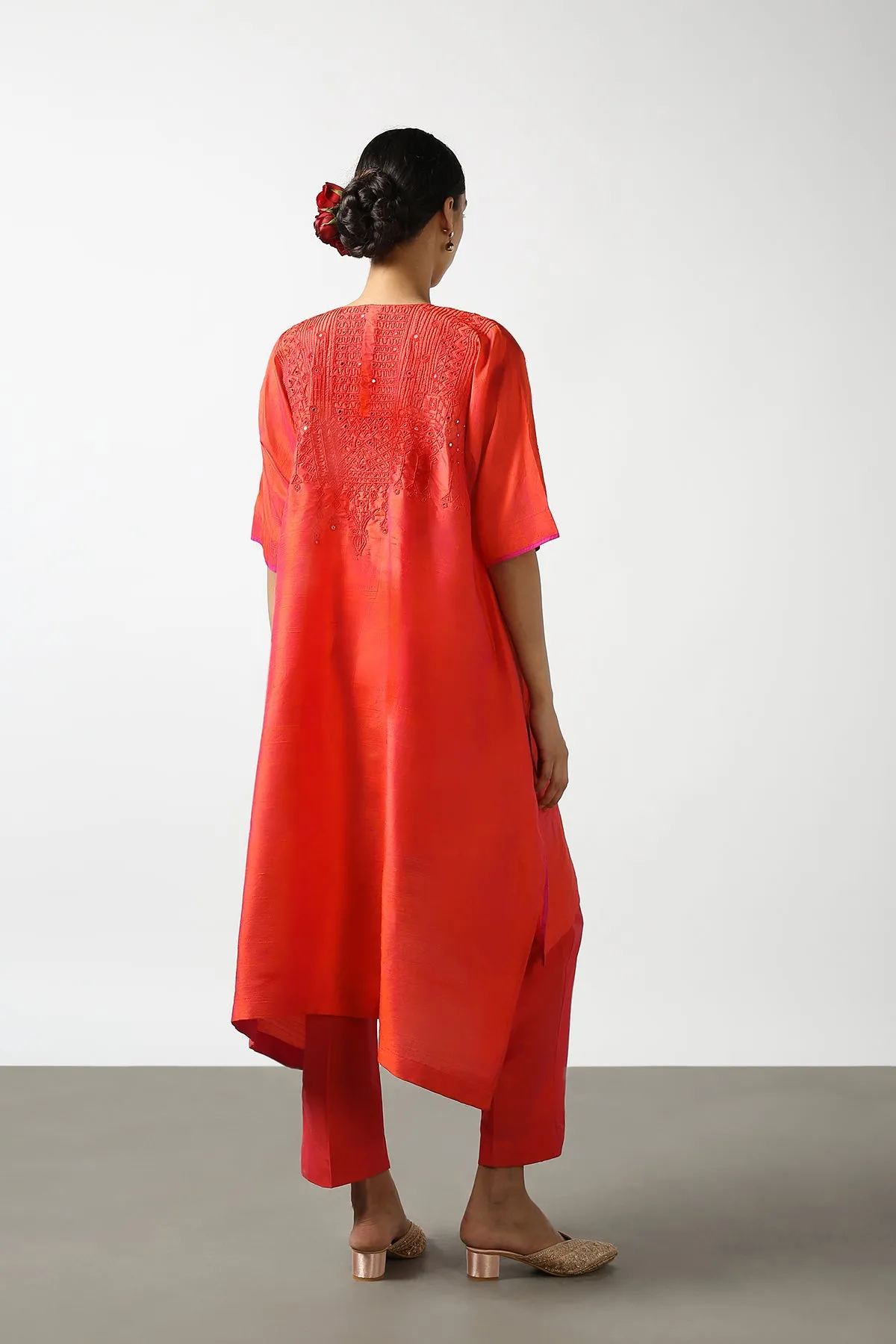 Red Raw Silk Top with Mirror Work Yoke. Tussar Pant or M. Giri Pant.