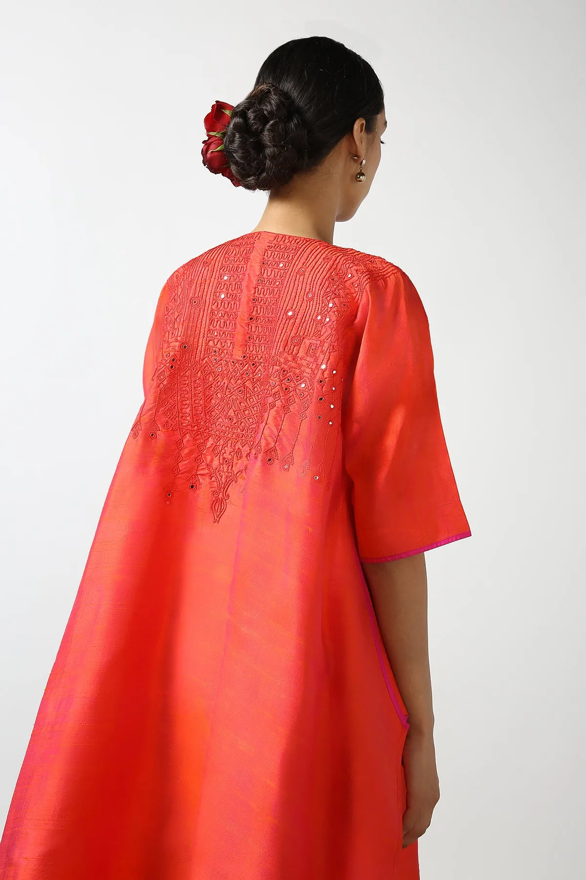 Red Raw Silk Top with Mirror Work Yoke. Tussar Pant or M. Giri Pant.