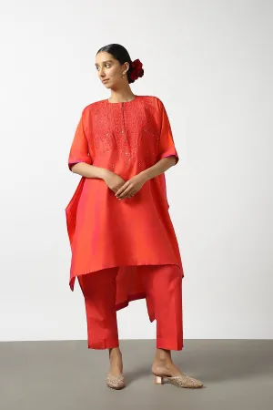 Red Raw Silk Top with Mirror Work Yoke. Tussar Pant or M. Giri Pant.