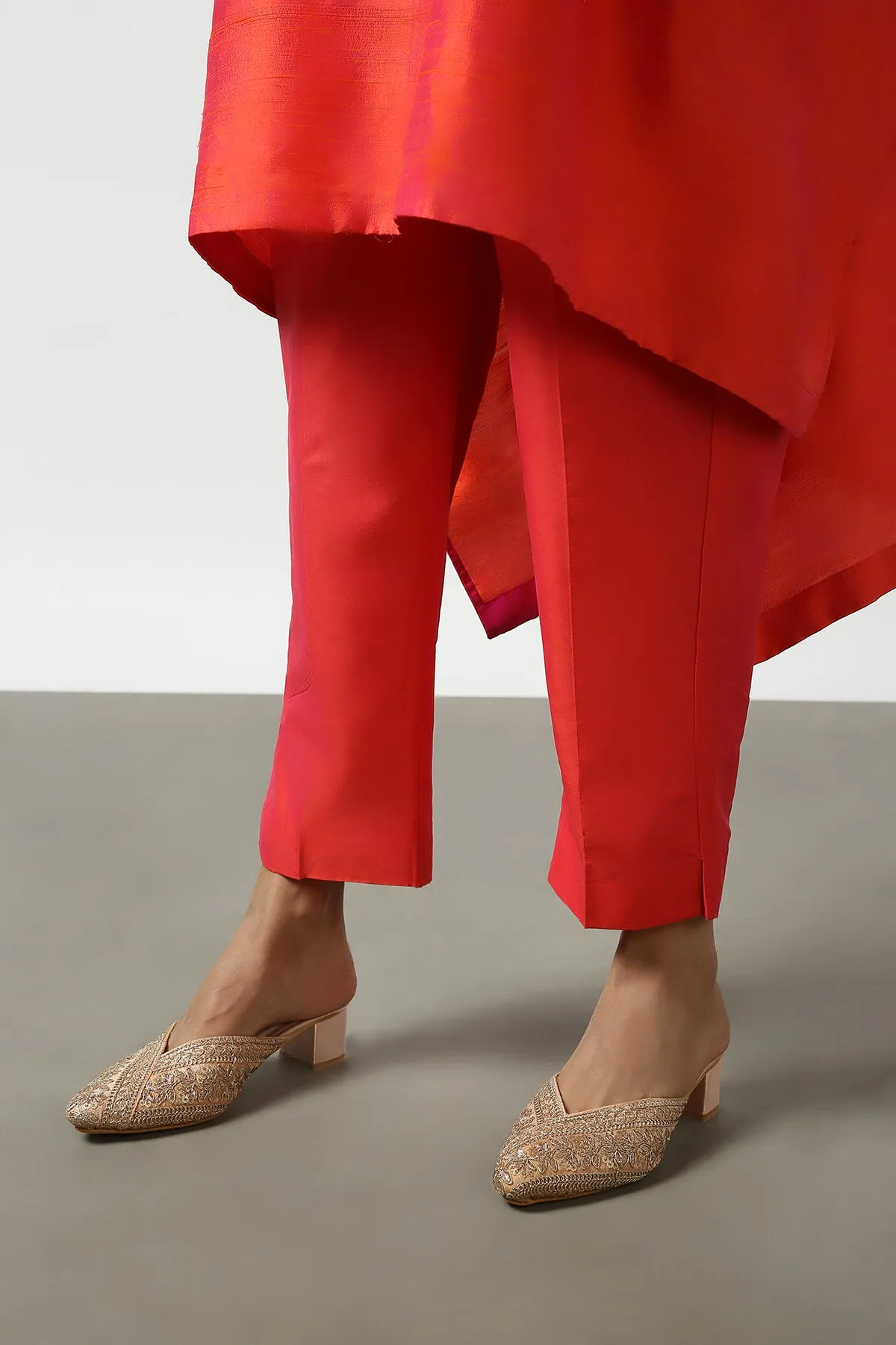 Red Raw Silk Top with Mirror Work Yoke. Tussar Pant or M. Giri Pant.