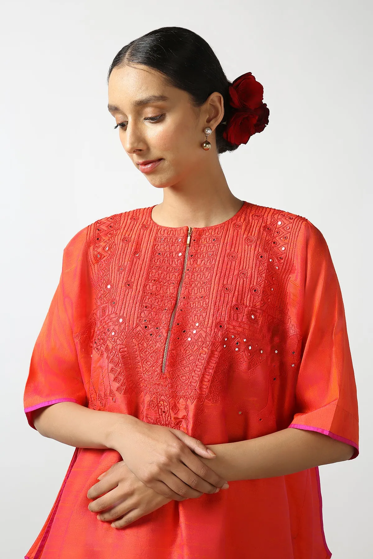 Red Raw Silk Top with Mirror Work Yoke. Tussar Pant or M. Giri Pant.