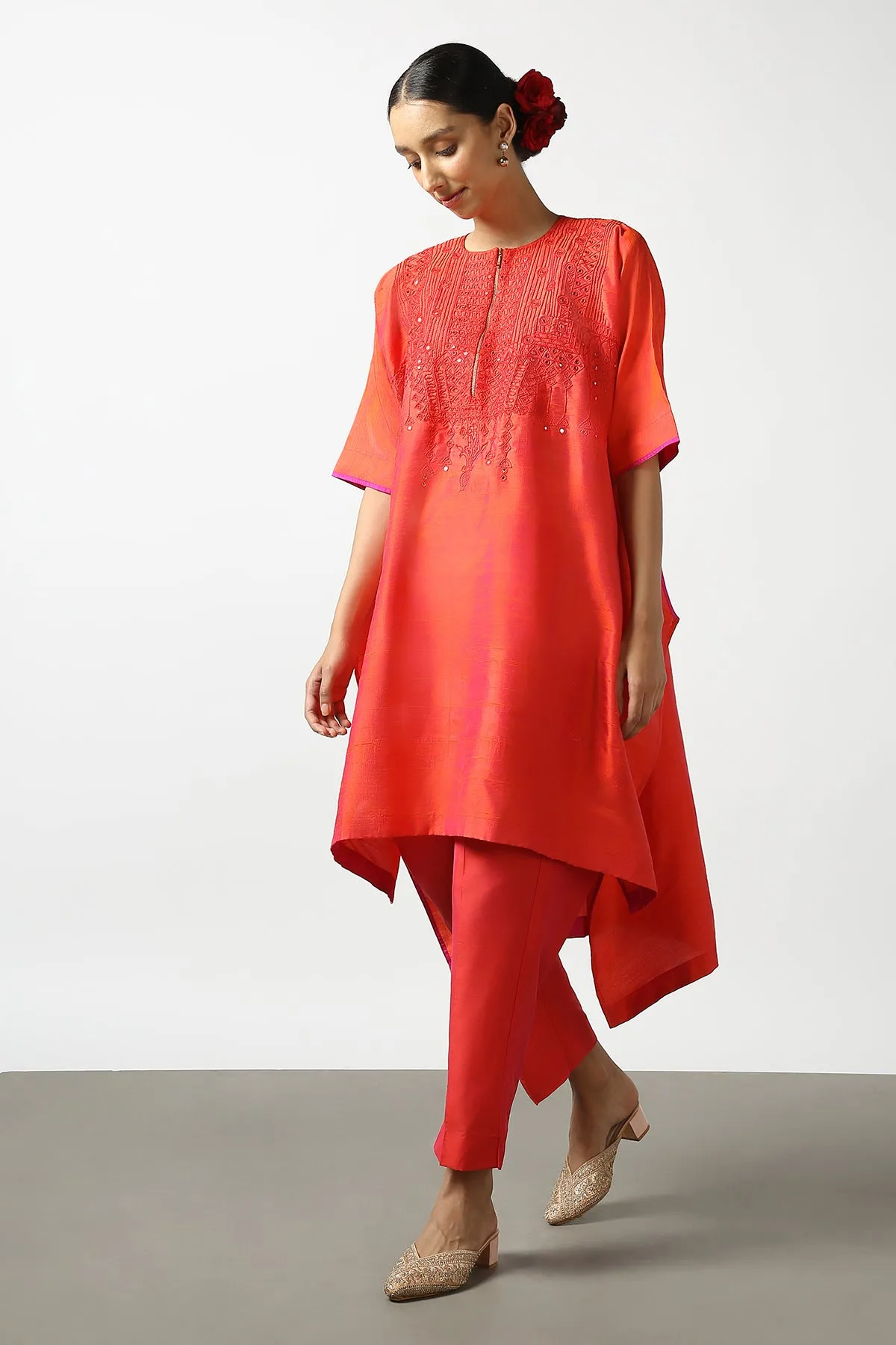 Red Raw Silk Top with Mirror Work Yoke. Tussar Pant or M. Giri Pant.