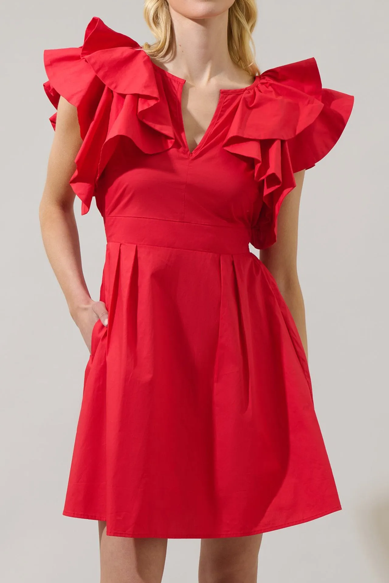 Ruffle Neck Red Short Dresses