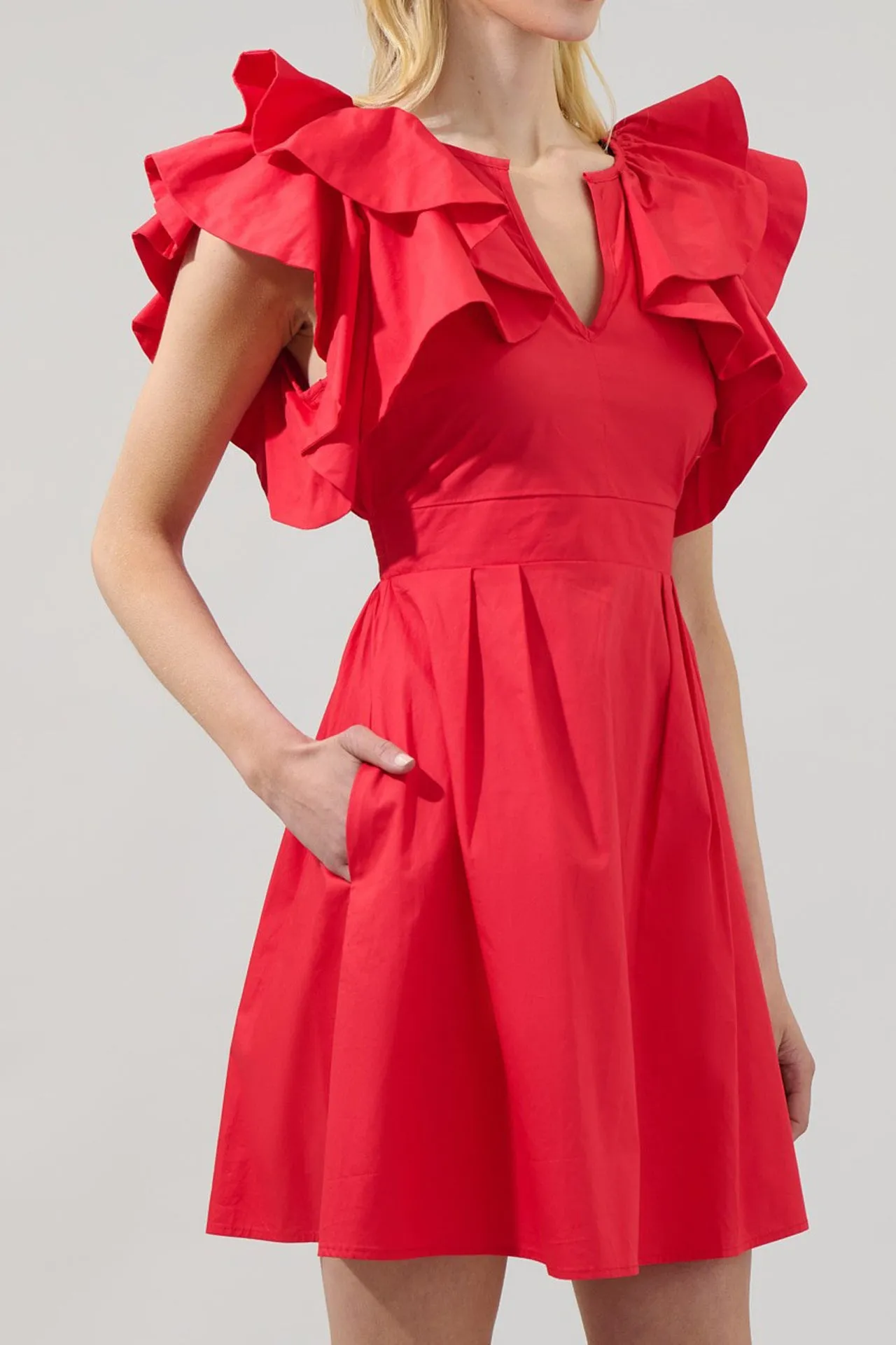 Ruffle Neck Red Short Dresses