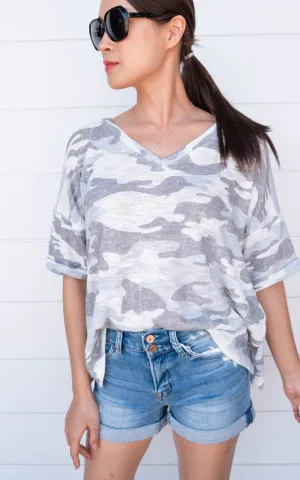 Short Cuffed Sleeves Camo Print Soft Knit Top - Final Sale