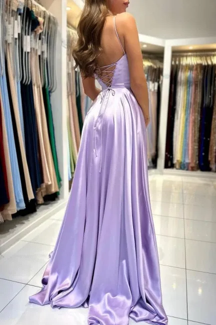 Simple Long Lilac A-line Sleeveless Prom Dresses