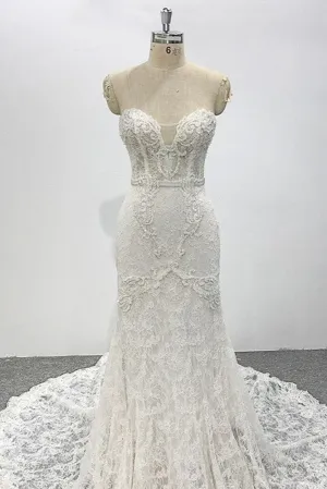 Strapless Ivory Delicate Sleeveless Lace Bridal Gown