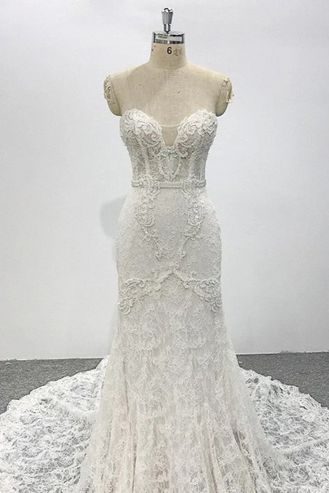 Strapless Ivory Delicate Sleeveless Lace Bridal Gown