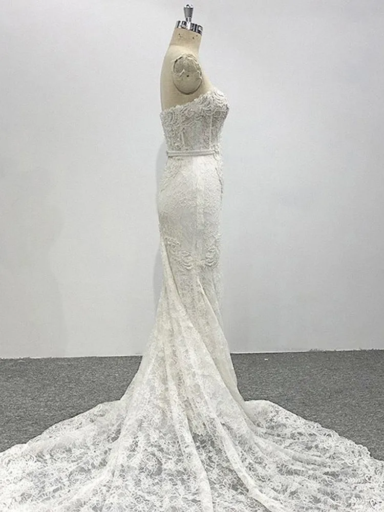 Strapless Ivory Delicate Sleeveless Lace Bridal Gown