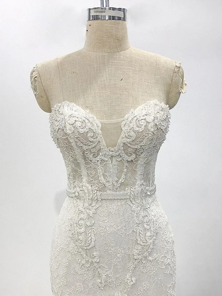 Strapless Ivory Delicate Sleeveless Lace Bridal Gown